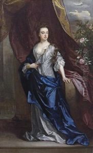Portrait Of Elizabeth, Duchess 
Of Dorset, Full-length, In A White Dress With A Blue Wrap, Leaning On A 
Stone Pedestal With Her Left Hand, Beside A Draped Curtain