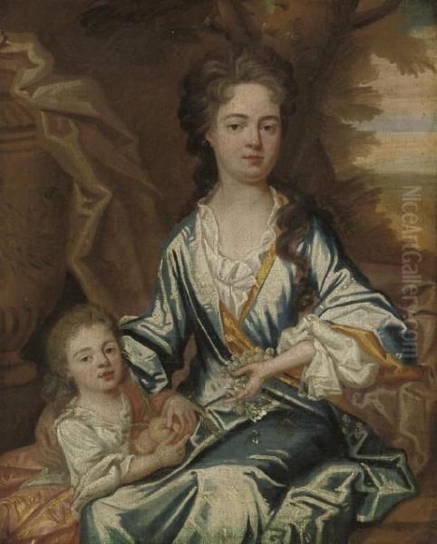 Portrait Of A Mother And Child, 
Three-quarter-length, The Former In A Blue Dress, Grapes In Her Left 
Hand; The Latter With A Pink Wrap, Holding Peaches, By An Urn, A 
Landscape Beyond - view 1