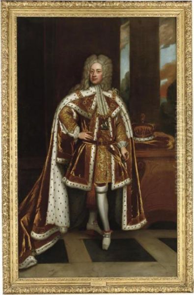 Portrait Of King George Ii When 
Prince Of Wales (1683-1760), Full-length, In Robes Of State And Wearing 
The Collar Of The Garter, Holding His Sword In His Left Hand And With 
His Coronet As Prince Of Wales On A Stone Table To His Left - view 1