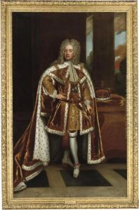 Portrait Of King George Ii When
Prince Of Wales (1683-1760), Full-length, In Robes Of State And Wearing
The Collar Of The Garter, Holding His Sword In His Left Hand And With
His Coronet As Prince Of Wales On A Stone Table To His Left by Sir Godfrey Kneller