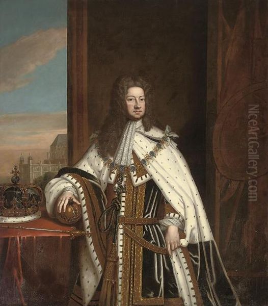 Portrait Of King George I,
Three-quarter-length, In Robes Of State, Wearing The Collar Of The
Garter With His Hand On The Orb, The Crown And Sceptre On A Table To His
Right, The East End Of Westminster Abbey And St. Stephen's Chapel
Beyond - view 1