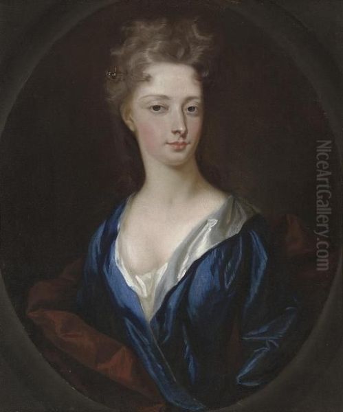 Portrait Of A Lady, Bust-length, In A Blue Dress And Rust Wrap, In A Feigned Oval - view 1