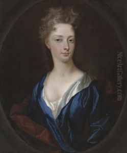 Portrait Of A Lady, Bust-length, In A Blue Dress And Rust Wrap, In A Feigned Oval
