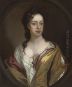 Portrait Of A Lady, Bust-length,
 In Yellow And Pink Classical Dress, With A White Chemise, Pink Ribbon 
In Her Hair, In A Feigned Oval by Sir Godfrey Kneller