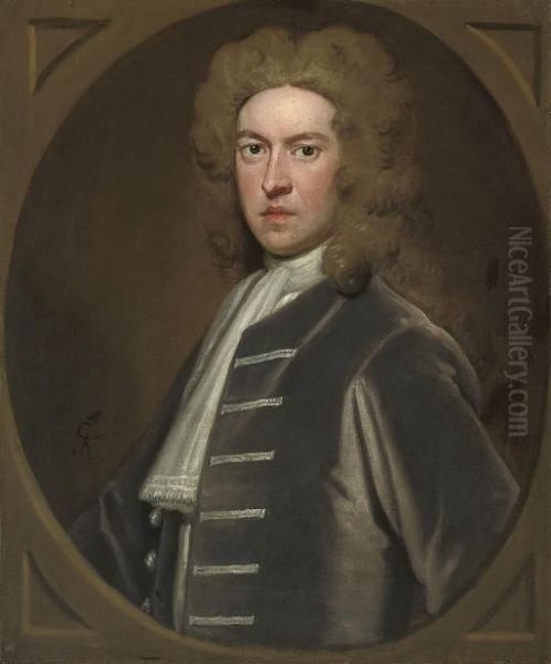 Portrait Of Sir Thomas Pelham Of
 Laughton, 1st Bt. (1653-1756), Bust-length, In A Grey Coat, In A 
Feigned Oval - view 1