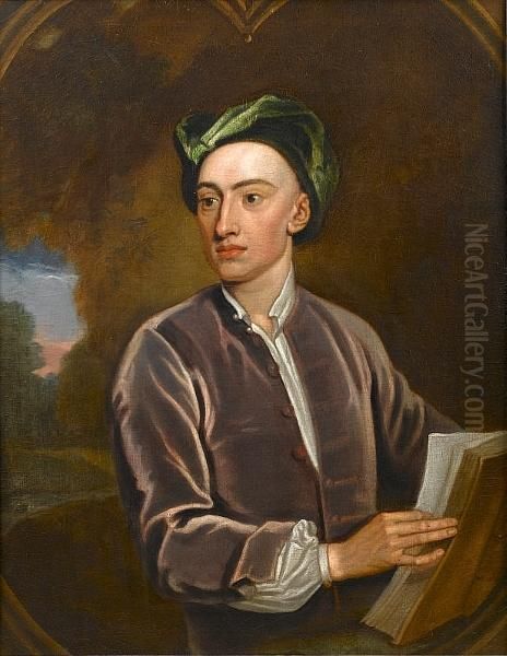 Portrait Of Alexander Pope,
Half-length, In A Mauve Velvet Coat And Green Velvet Turban, Holding A
Book, A Landscape Beyond, In A Painted Casement - view 1