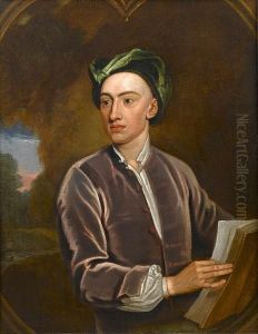 Portrait Of Alexander Pope, 
Half-length, In A Mauve Velvet Coat And Green Velvet Turban, Holding A 
Book, A Landscape Beyond, In A Painted Casement