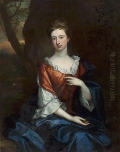 A Portrait Of A Lady, 
Three-quarter Length, Seated In A Landscape, Wearing A Red Gown And Blue
 Wrap