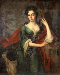 A Portrait Of A Lady, 
Three-quarter Length, Leaning On A Balustrade, With A Dog At Her Feet by Sir Godfrey Kneller