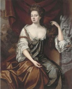 Portrait Of A Lady, Seated 
Half-length, In A Green Dress With A Brown Wrap, A Landscape Beyond by Sir Godfrey Kneller