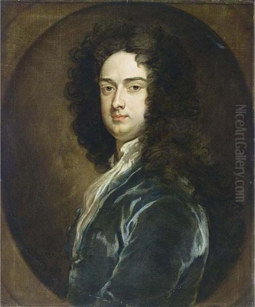 A Portrait Of A Gentleman, Bust 
Length, Wearing A Blue Coat With White Chemise, In A Painted Oval - view 1