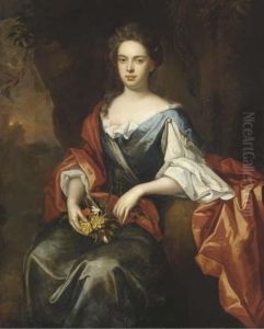 Portrait Of A Lady, 
Three-quarter-length, In A Blue And Red Dress And Holding A Bouquet Of 
Flowers