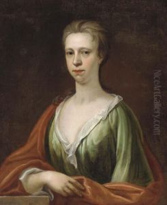 Portrait Of A Lady, Bust-length, In A Green Dress And Red Wrap