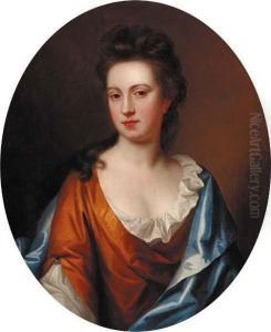 Portrait Of A Lady, Half-length, In A Gold Dress With A Blue Wrap, Feigned Oval