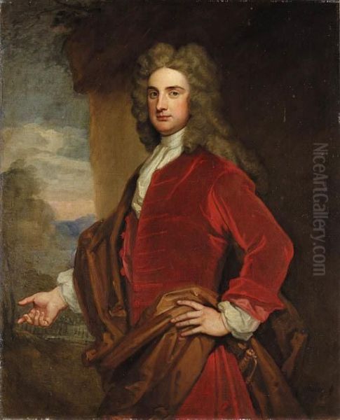 Portrait Of Sir John Rushout,
4th Bt. (1684-1775),three-quarter-length, In A Red Coat And Brown Wrap,
In A Woodedlandscape - view 1