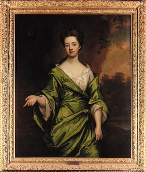 Portrait Of Mrs Harris,
Three-quarter-length, In A Green Dress,seated In A Wooded Landscape - view 1