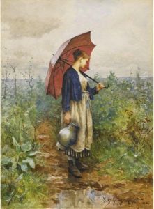 Portrait Of A Woman With Umbrella Gathering Water by Daniel Ridgway Knight