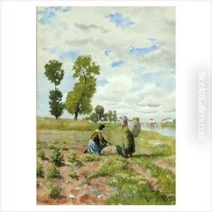 Deux Fillettes Au Champ En Bord De Riviere by Daniel Ridgway Knight