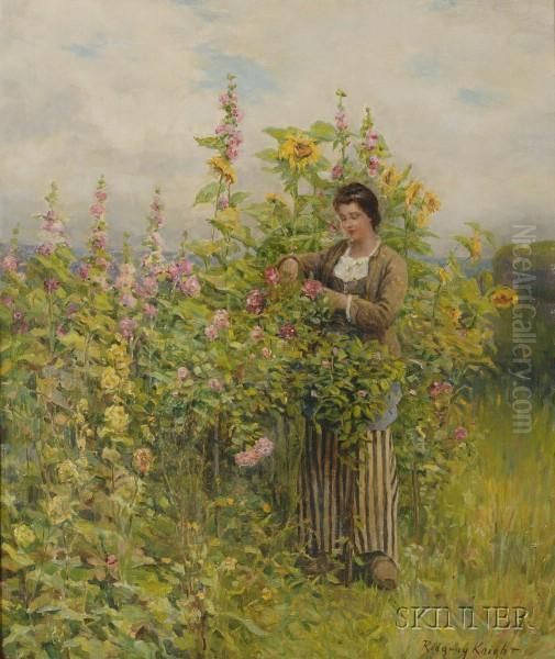 Woman Tending Hollyhocks. - view 1