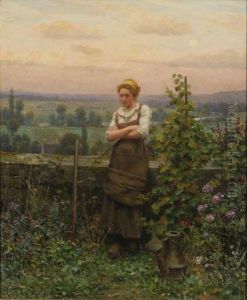 After The Day's Chores/a Young Woman Leaning Against The Garden Wall
