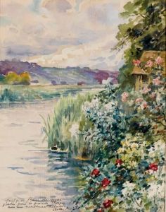 Fleurs Et Roseaux Au Bord D'une Riviere, Des Collines I L'arriere-plan