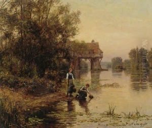 Two Girls By A Stream by Louis Aston Knight