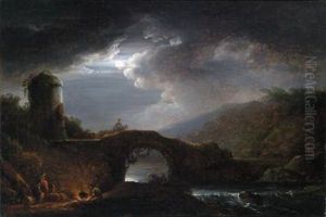 Paesaggio Fluviale Notturno Con Un Ponte Ad Arco In Pietra Paesaggio Fluviale Notturno Con Un Ponte Ad Arco In Pietra