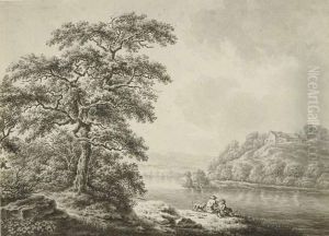Flusslandschaft Mit Zwei Staffagefiguren. by Ferdinand Kobell