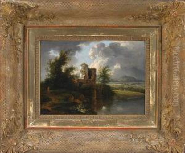 Wanderer An Einer Ruine Amufer In Weiter Hugeliger Landschaft - view 1
