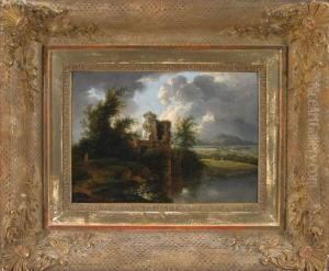 Wanderer An Einer Ruine Amufer In Weiter Hugeliger Landschaft