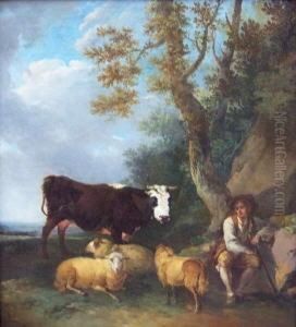 Ein Rastender Hirte Mit Seinen Tieren by Ferdinand Kobell