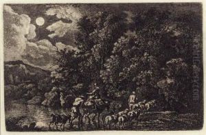 Herd About To Walk Through Water by Ferdinand Kobell