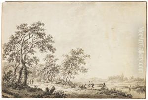 Niederrheinische Flusslandschaft Mit Kleiner Ortschaft Und Personenstaffage