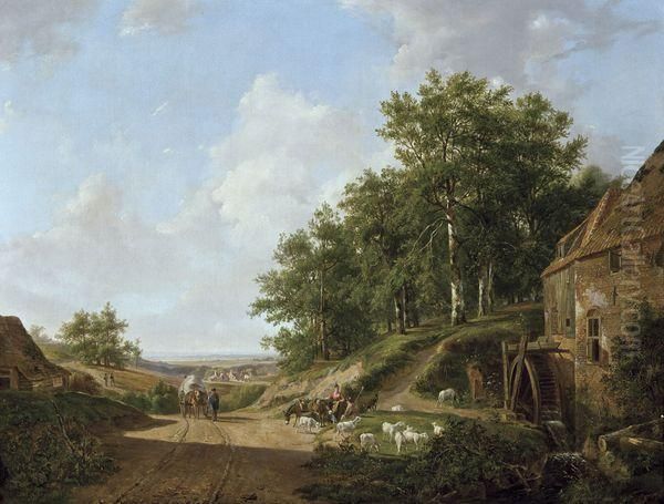 Personnages Et Troupeau Pres D'un Moulin A Eau Dans Un Paysage Vallonne - view 1