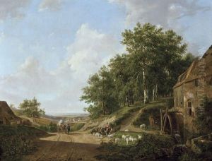 Personnages Et Troupeau Pres D'un Moulin A Eau Dans Un Paysage Vallonne