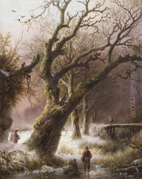 A Winter Landscape With Wood Gatherers Near A Large Oak - view 1