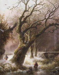 A Winter Landscape With Wood Gatherers Near A Large Oak by Barend Cornelis Koekkoek
