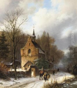 A Winter Landscape With A Chapel, A Horseman And Travellers On Apath by Barend Cornelis Koekkoek