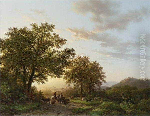 Travellers With Cattle And Donkeys On A Sunlit Path In A Rhenishpanoramic Landscape - view 1