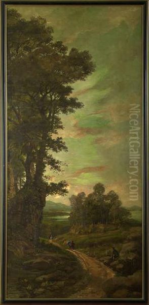 "a Panoramic Mountainous River Landscape With Travelers On A Path" - view 1