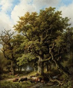 A Wooded Landscape With A Herdsman And His Cattle Resting Under Anoak Tree