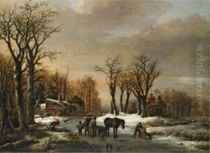 A Winter Landscape With Skaters And Figures By A Horse Sledge On The Ice by Barend Cornelis Koekkoek