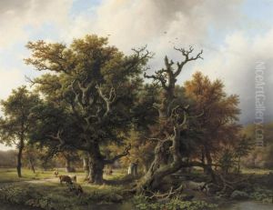 A Wooded Landscape With An Angler And Cattle Grazing by Barend Cornelis Koekkoek
