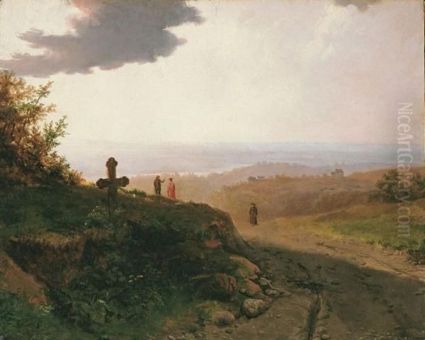 Rheinlandschaft Mit Kreuz Und Wanderern - view 1
