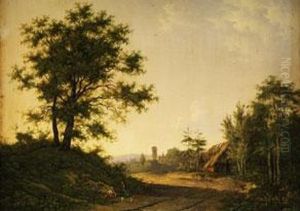 Landschaft Mit Eichen, Strohhutte Und Turm Im Hintergrund Sowie Figurenstaffage