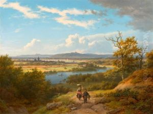 River Landscape With Two Walkers.