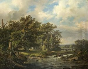 Bewaldete Flusslandschaft Mit Schafen Und Hirten by Barend Cornelis Koekkoek