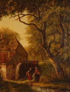 Country Figures By An Old Stone Watermill by Barend Cornelis Koekkoek