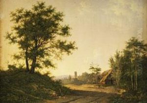 Landschaft Mit Eichen, Strohhutte Und Turm Im Hintergrund Sowiefigurenstaffage