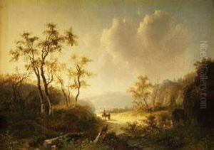 Herbstlandschaft Mit Hohlweg Zwischen Felsigen Anhohen Mitbirken Und Figurenstaffage